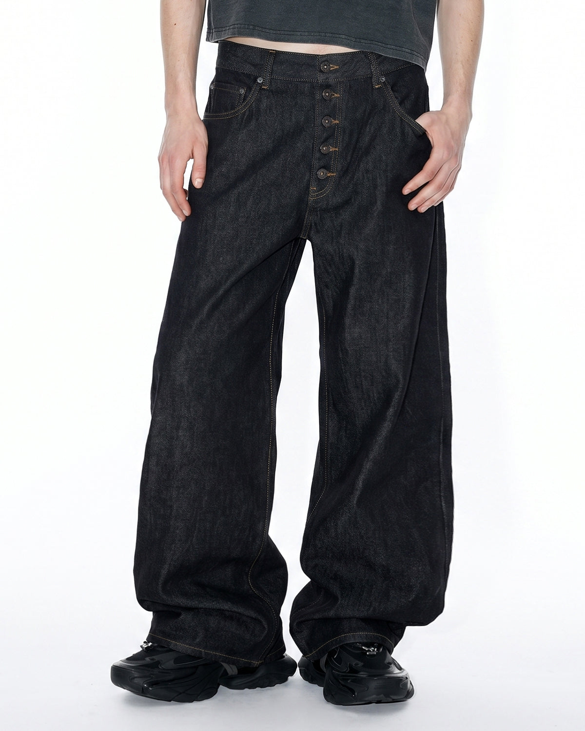 Omygoods Button Fly Raw Baggy Jeans