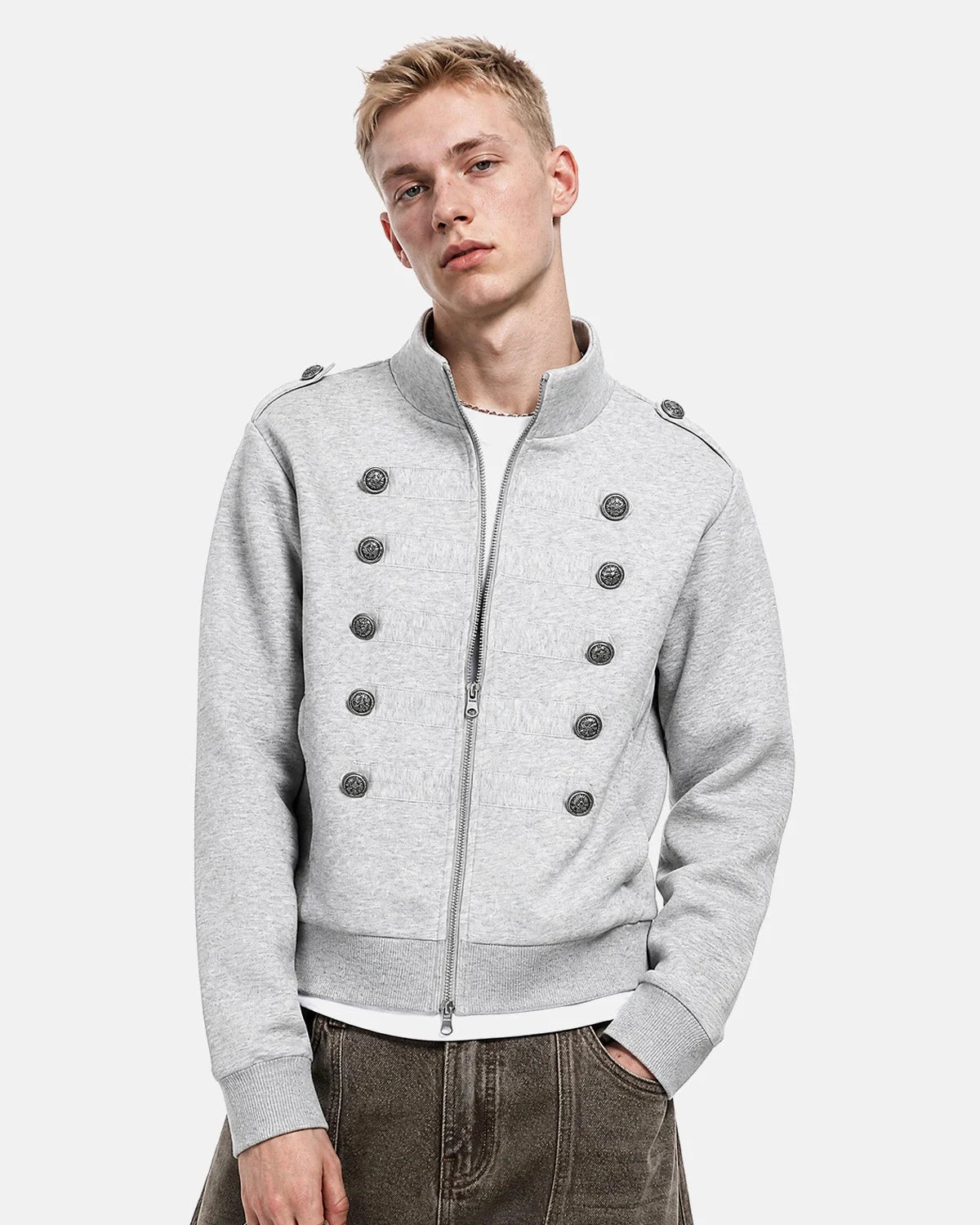 Omygoods Silver Button Stand Collar Zip Jacket
