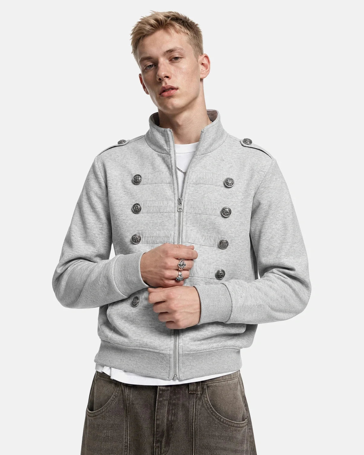 Omygoods Silver Button Stand Collar Zip Jacket