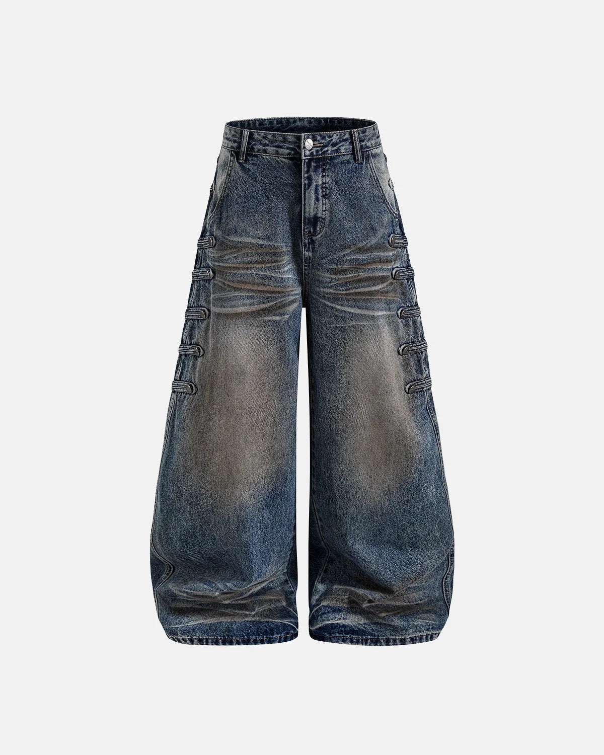 Omygoods Button-Tab Dirty Wash Barrel Jeans