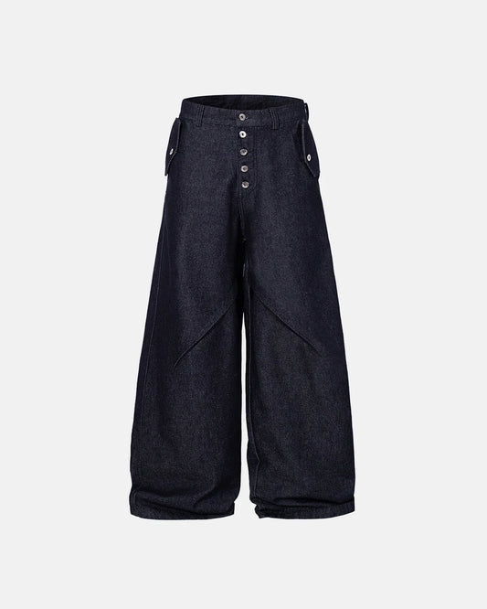 Omygoods Flap Pocket Raw Blue Baggy Jeans