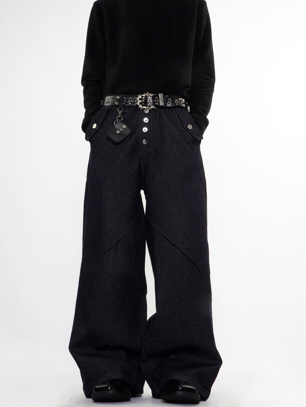 Omygoods Flap Pocket Raw Blue Baggy Jeans