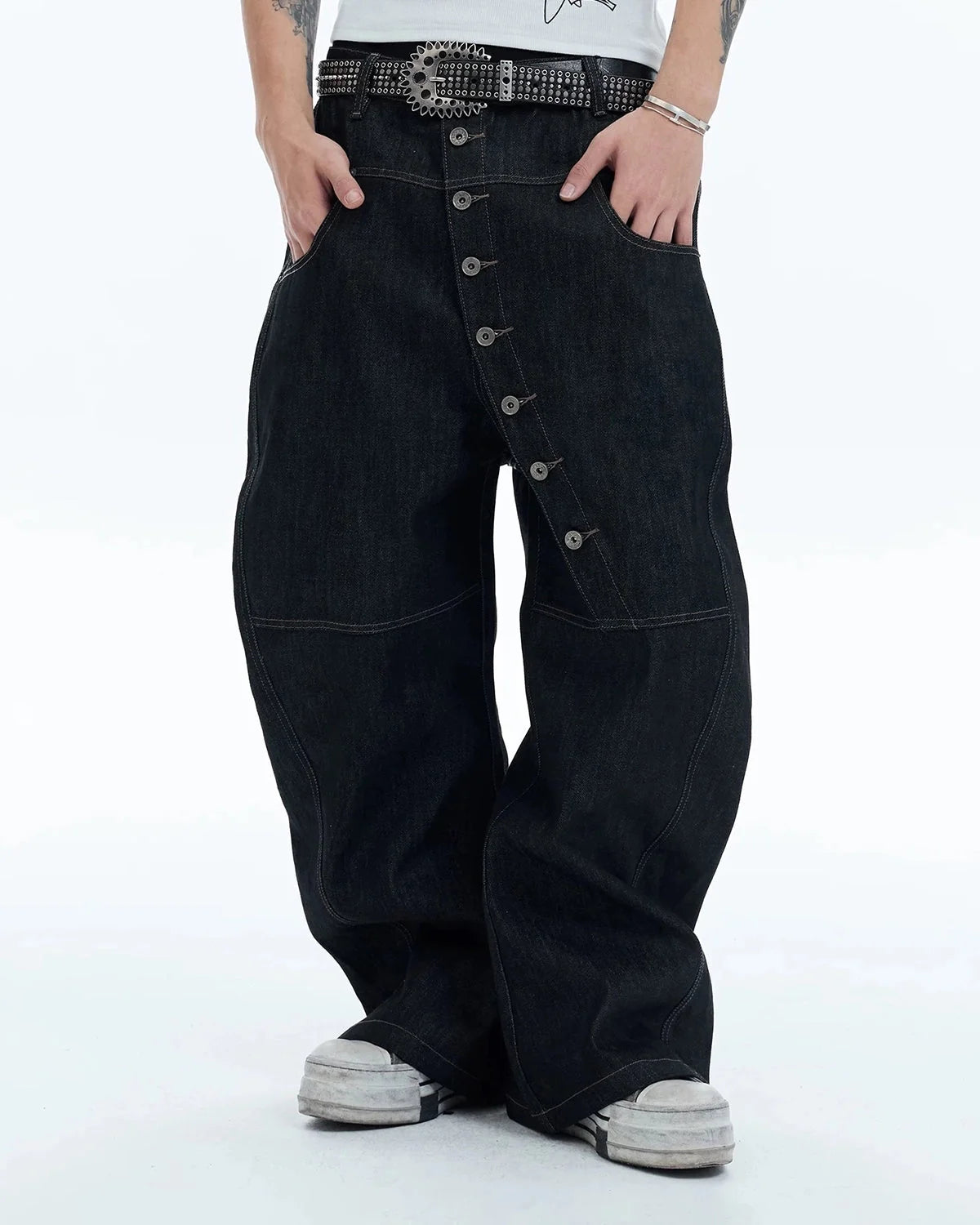 Omygoods Off-Center Button Raw Baggy Jeans
