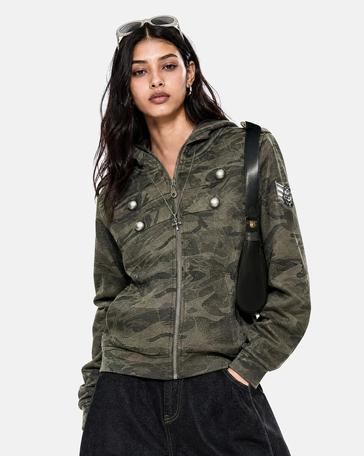 Omygoods Camo Boxy Zip Up Hoodie