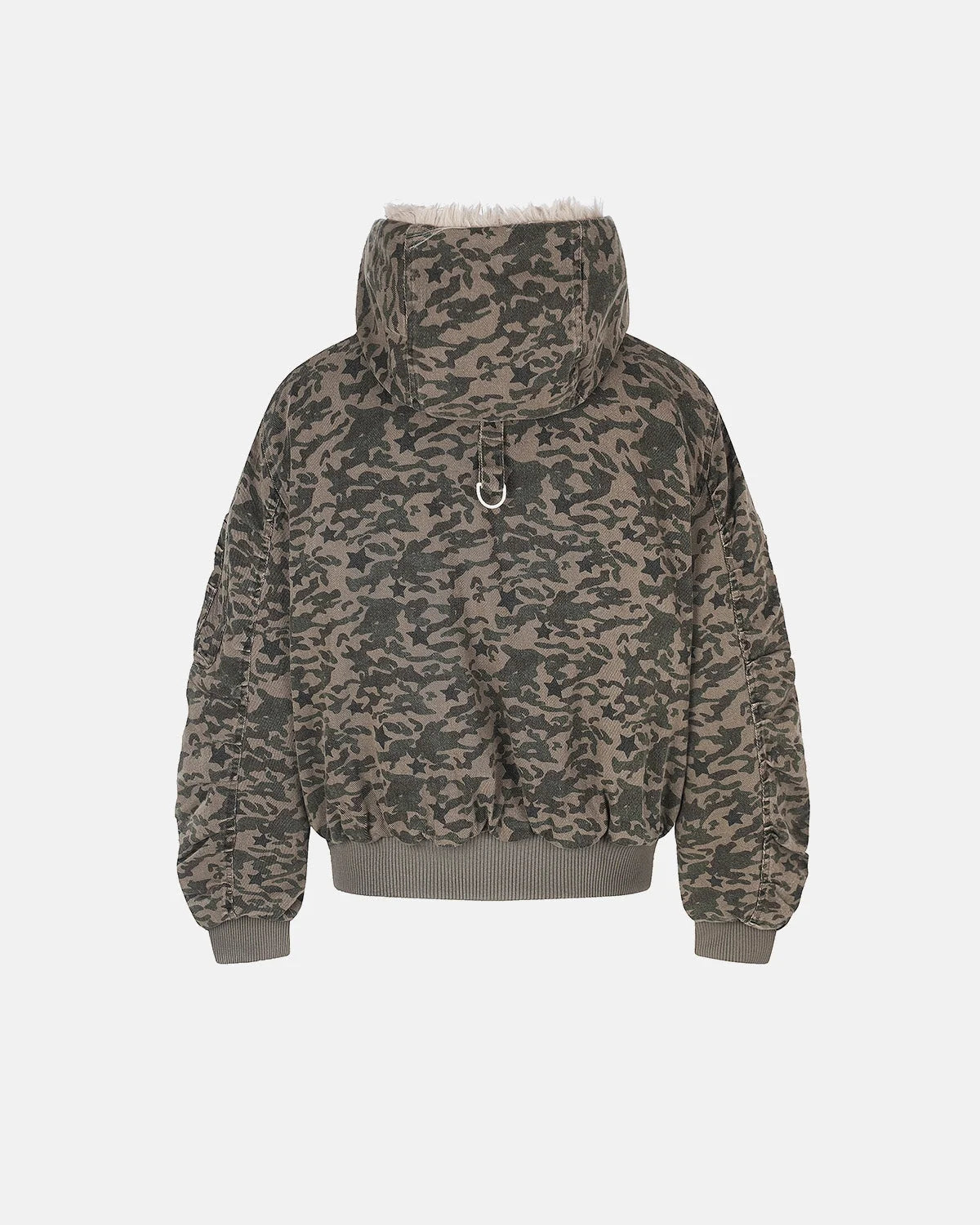 Omygoods Camo Faux Fur Hooded Bomber Jacket