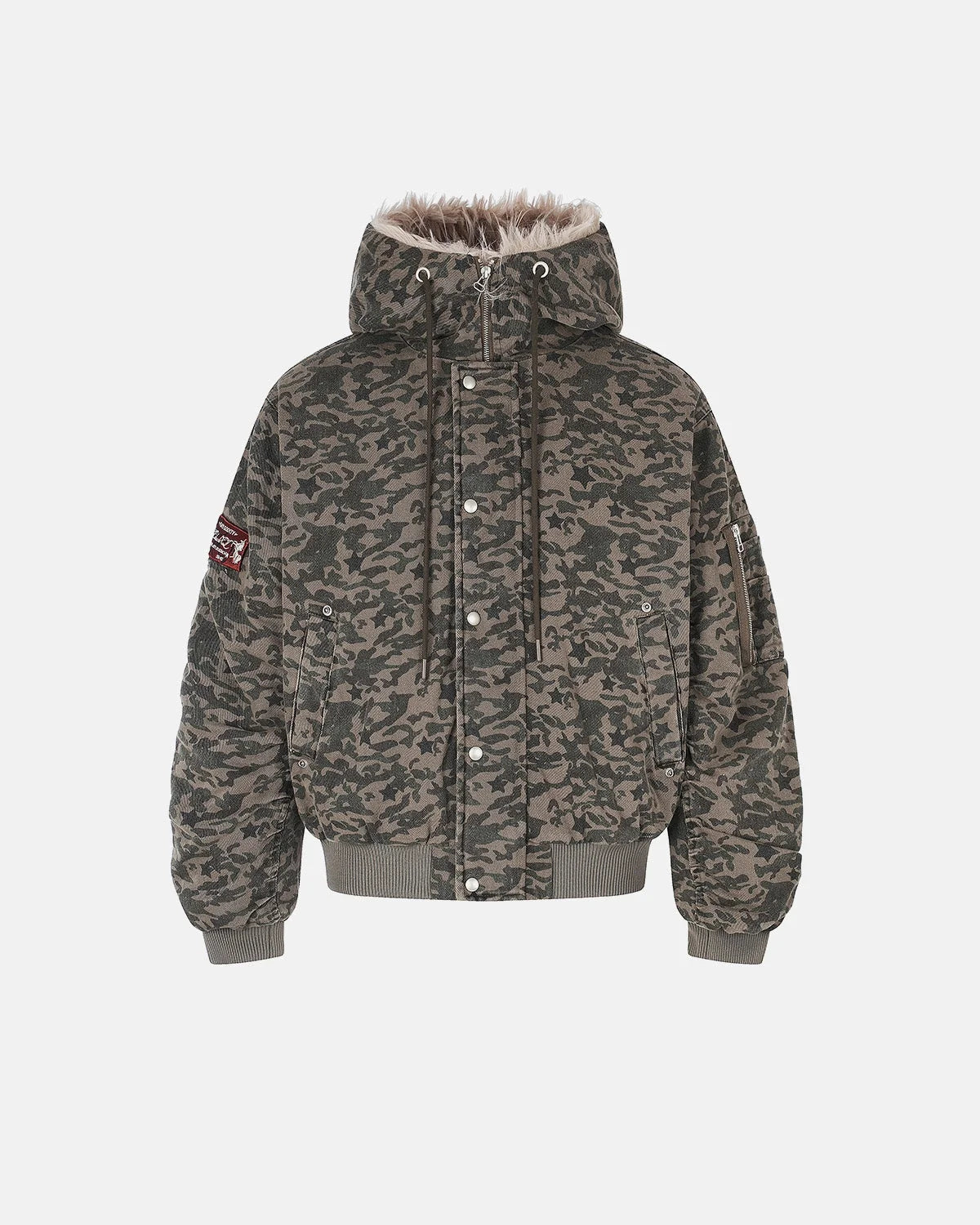 Omygoods Camo Faux Fur Hooded Bomber Jacket