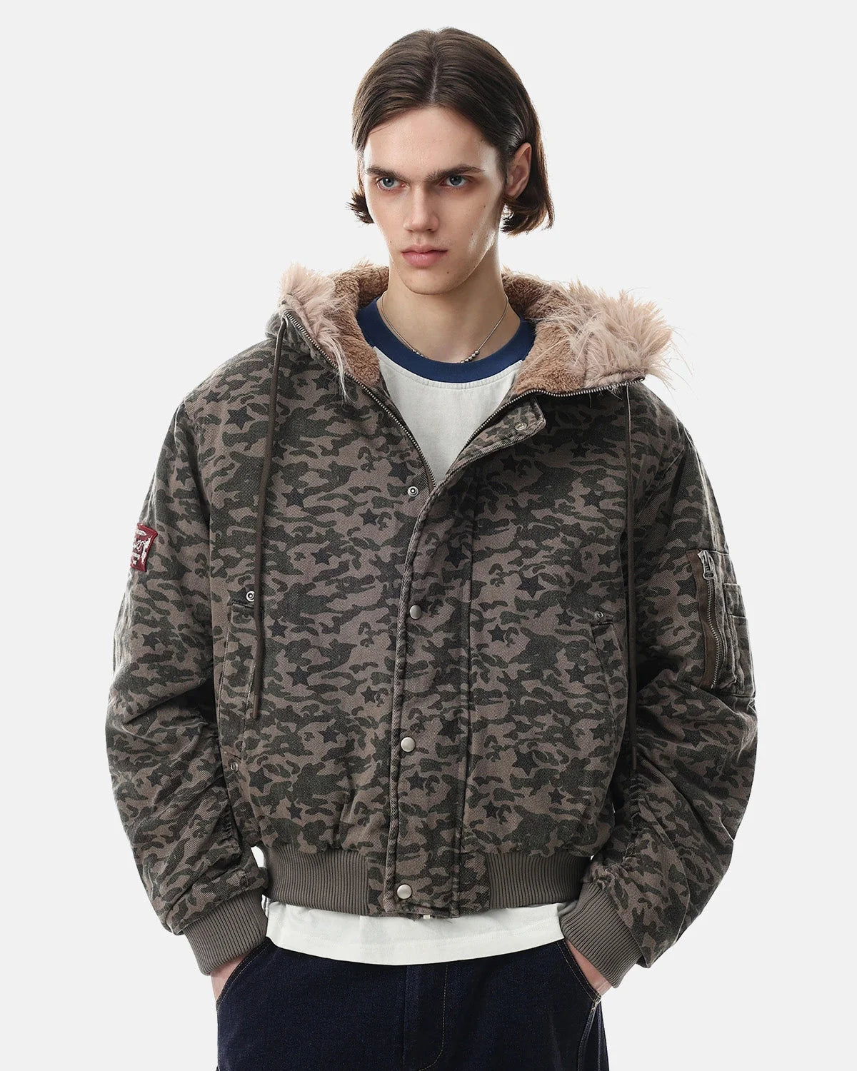 Omygoods Camo Faux Fur Hooded Bomber Jacket