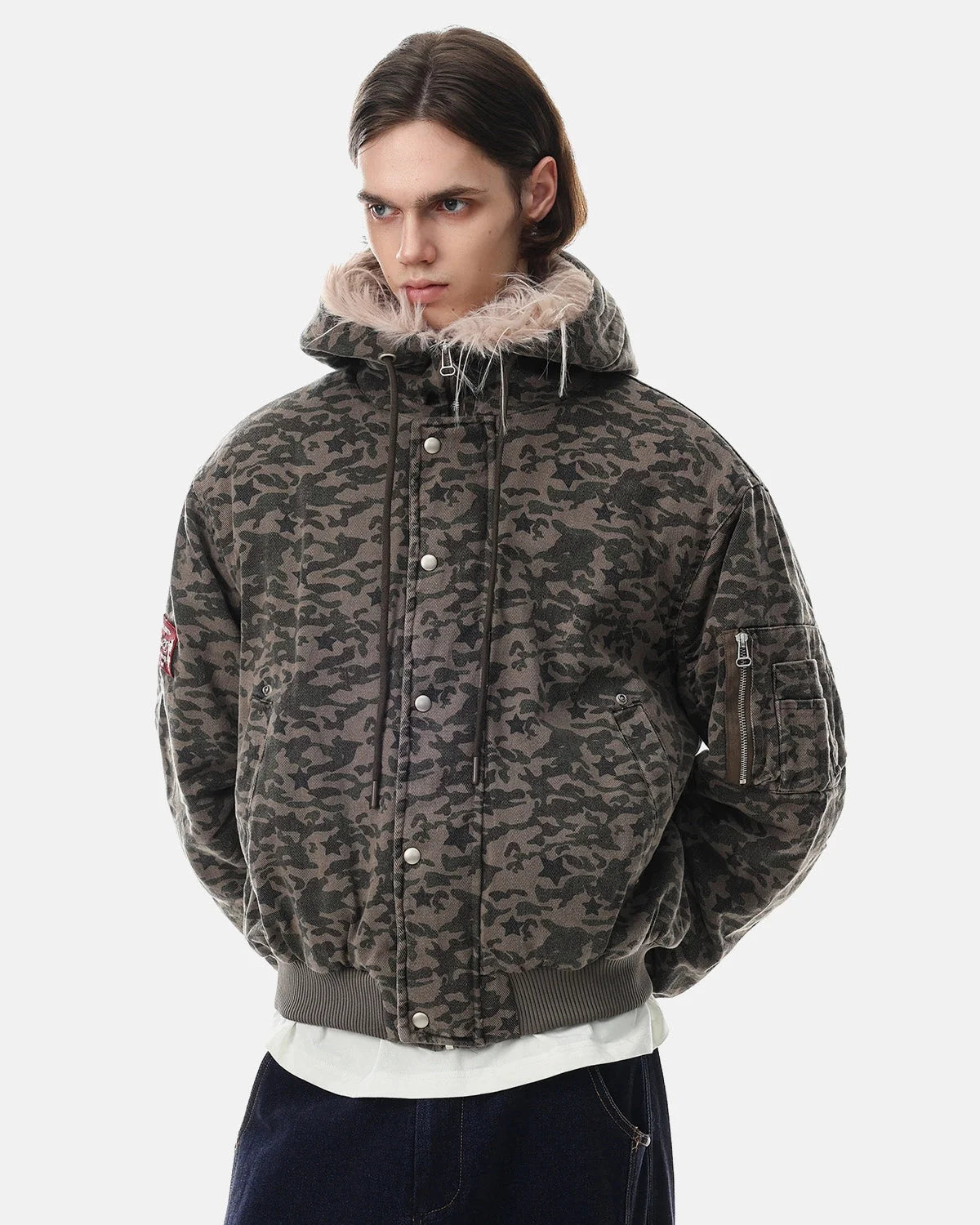 Omygoods Camo Faux Fur Hooded Bomber Jacket