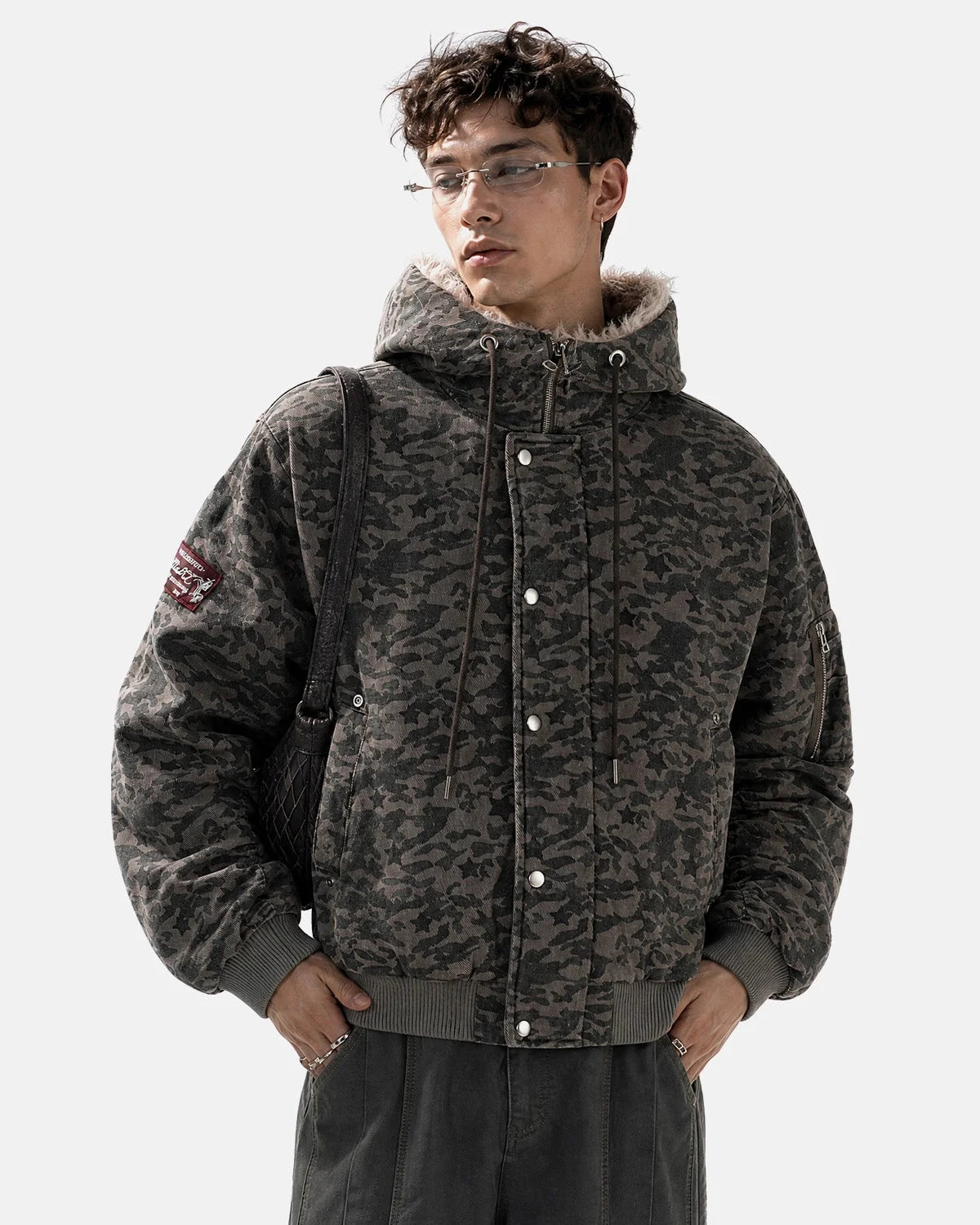 Omygoods Camo Faux Fur Hooded Bomber Jacket