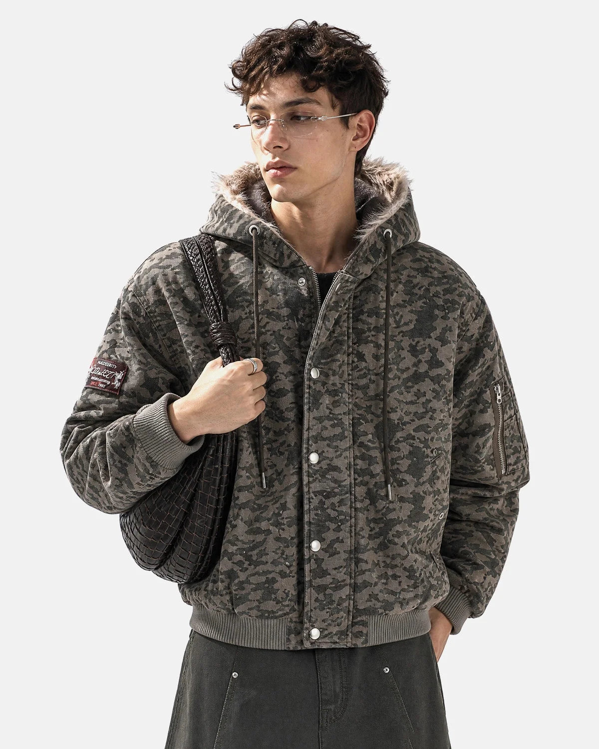 Omygoods Camo Faux Fur Hooded Bomber Jacket