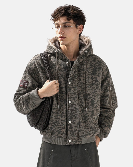 Omygoods Camo Faux Fur Hooded Bomber Jacket