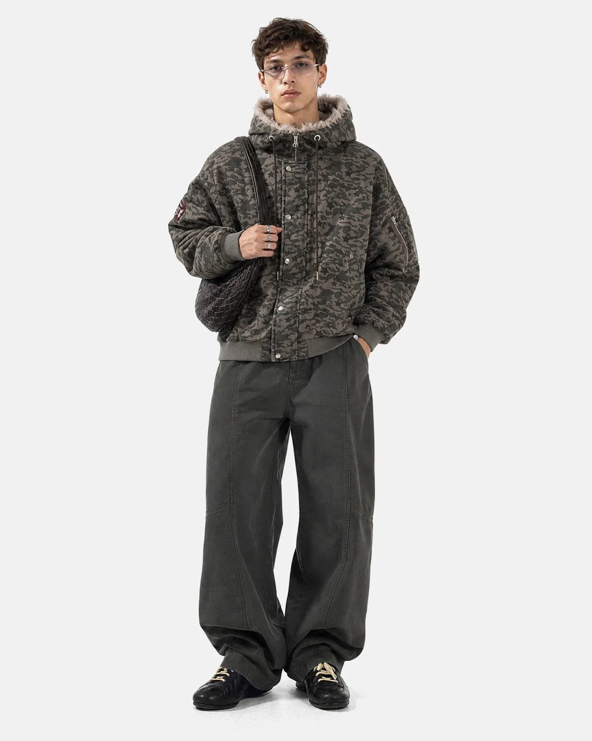 Omygoods Camo Faux Fur Hooded Bomber Jacket