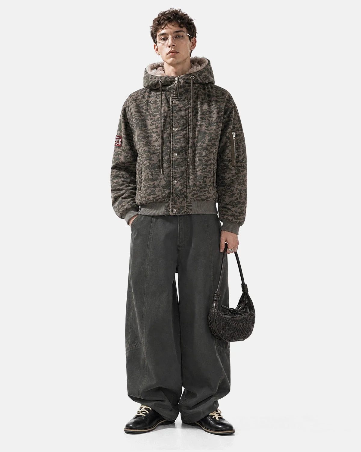 Omygoods Camo Faux Fur Hooded Bomber Jacket