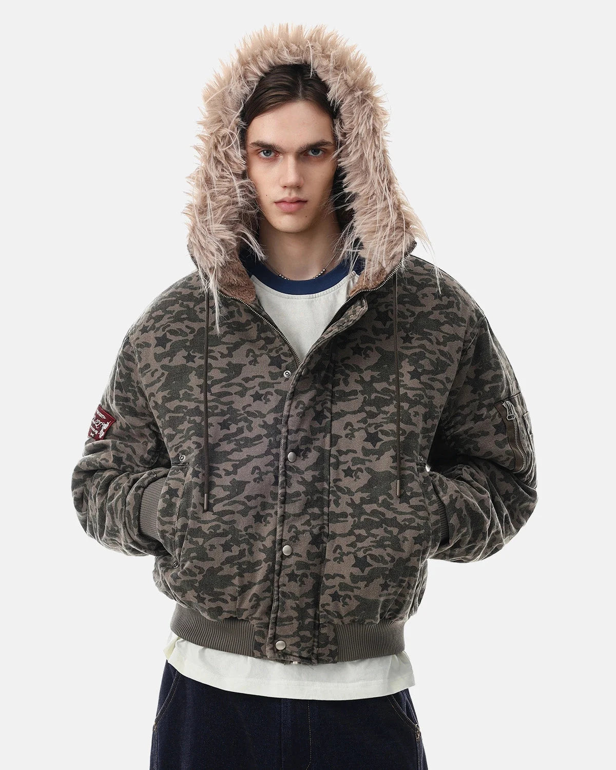 Omygoods Camo Faux Fur Hooded Bomber Jacket