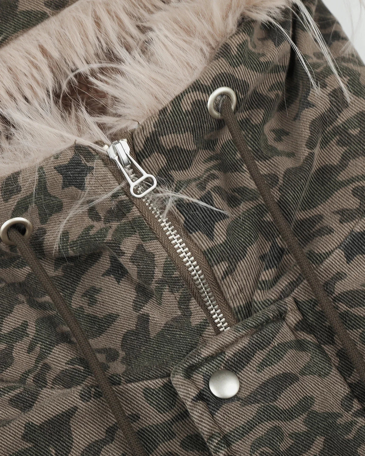 Omygoods Camo Faux Fur Hooded Bomber Jacket