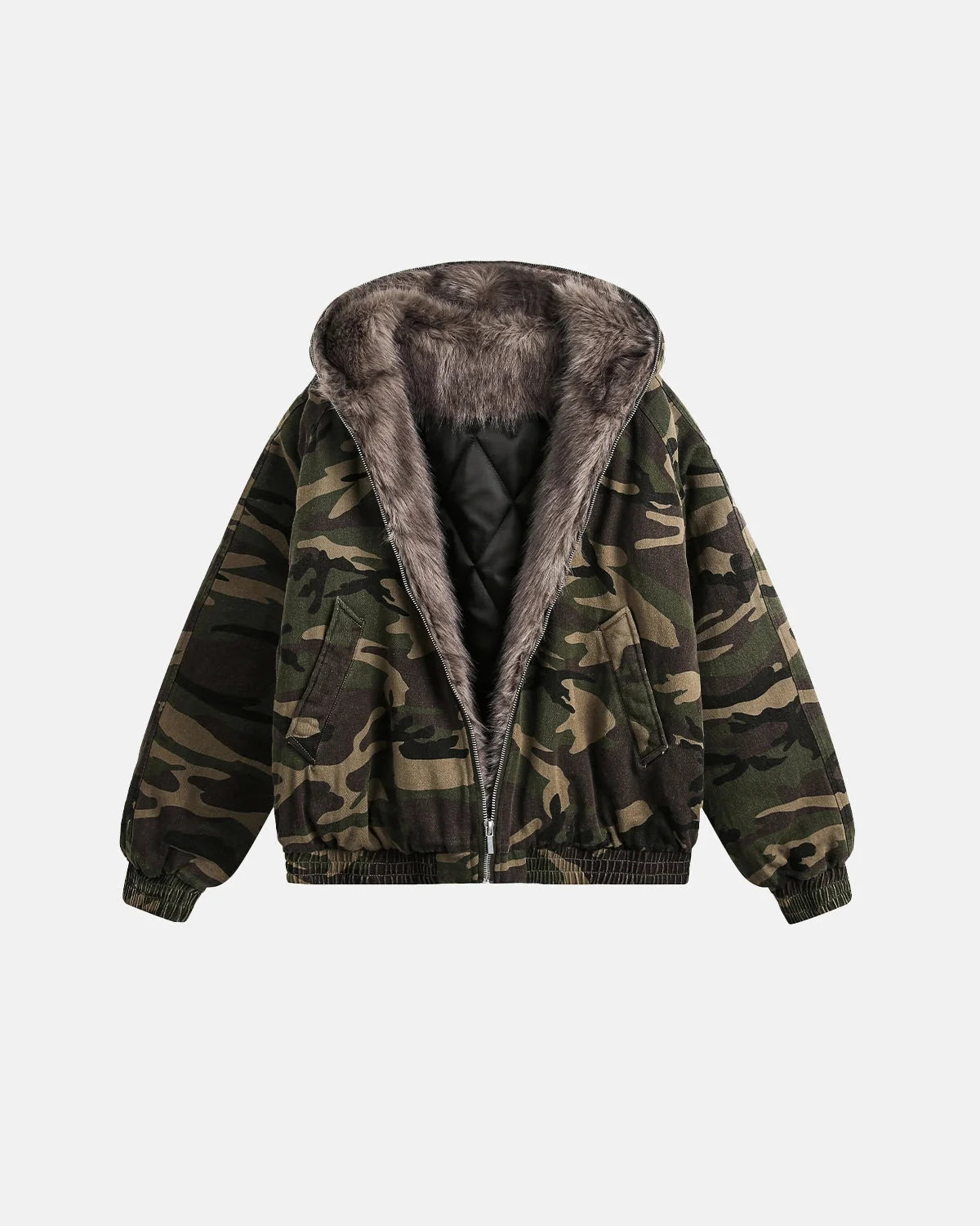 Omygoods Camo Faux Fur Lined Bomber Jacket