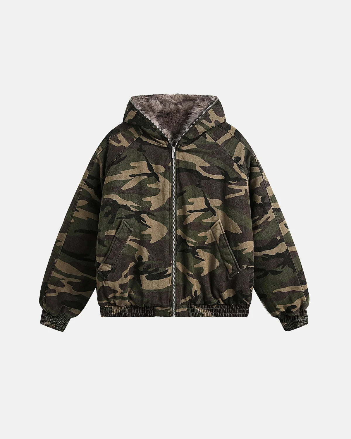 Omygoods Camo Faux Fur Lined Bomber Jacket