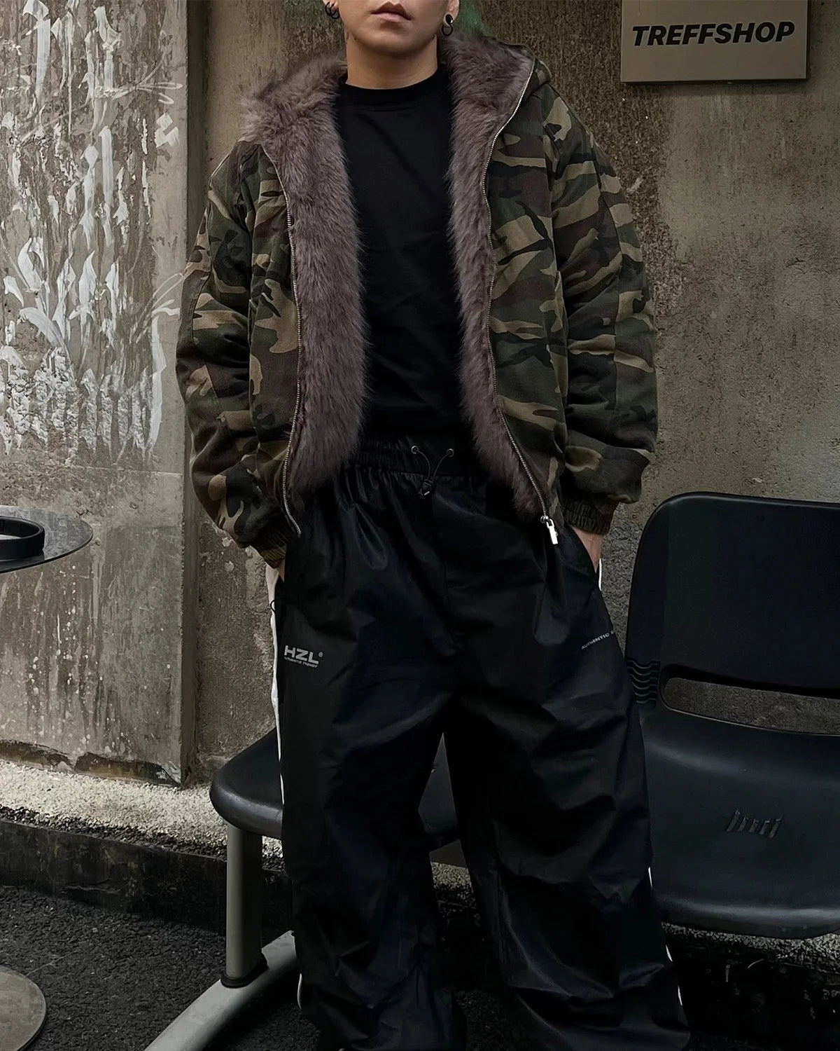 Omygoods Camo Faux Fur Lined Bomber Jacket