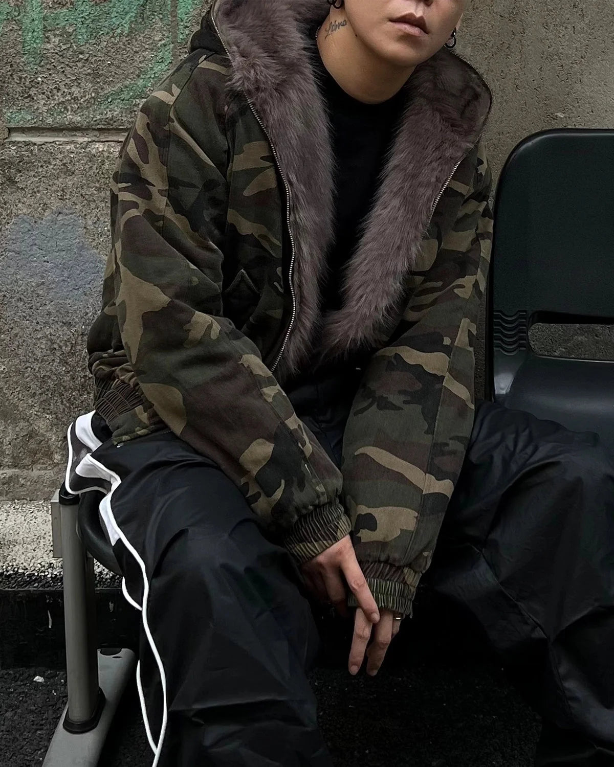 Omygoods Camo Faux Fur Lined Bomber Jacket