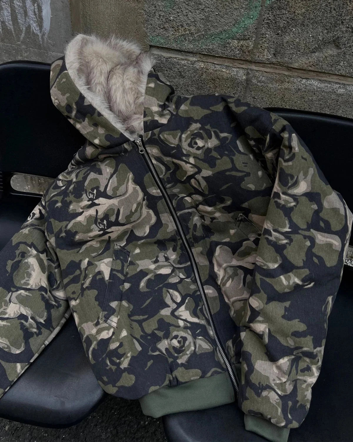 Omygoods Camo Faux Fur Padded Hooded Jacket