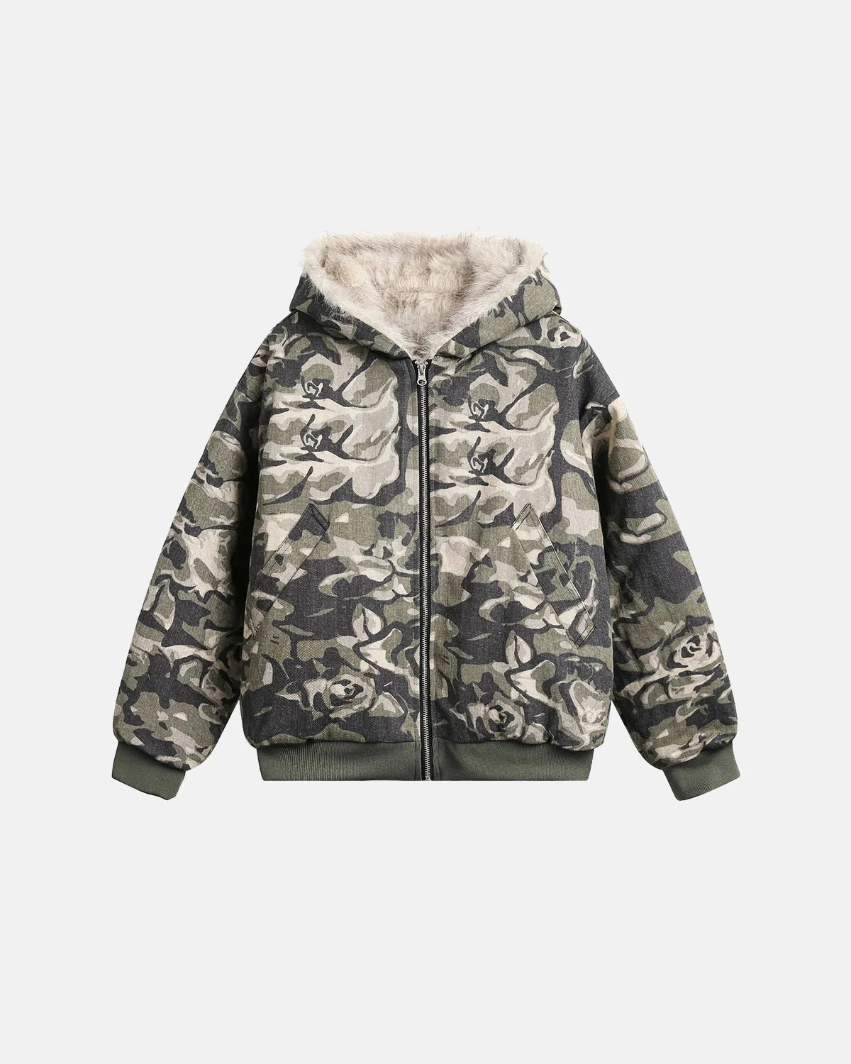 Omygoods Camo Faux Fur Padded Hooded Jacket