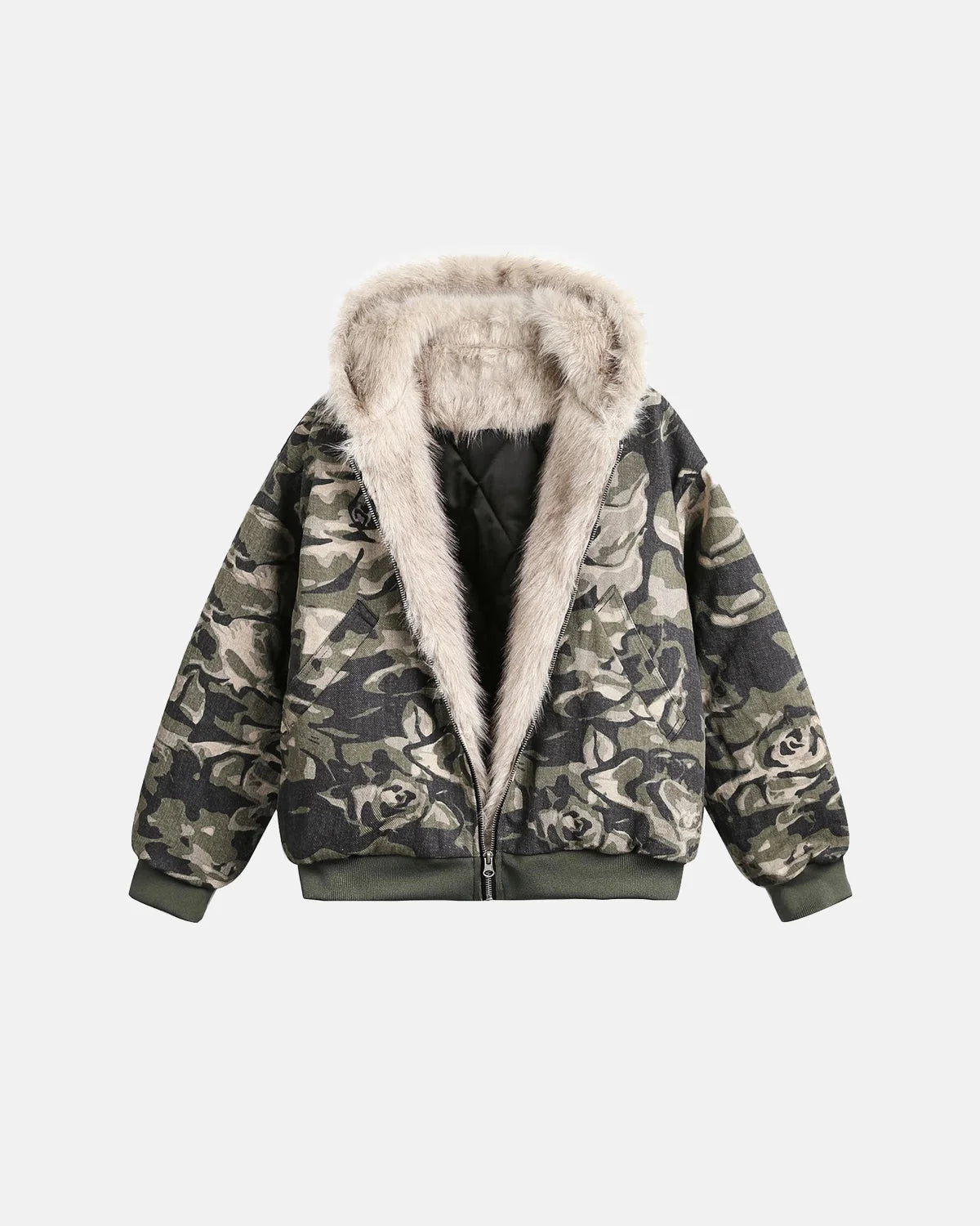 Omygoods Camo Faux Fur Padded Hooded Jacket