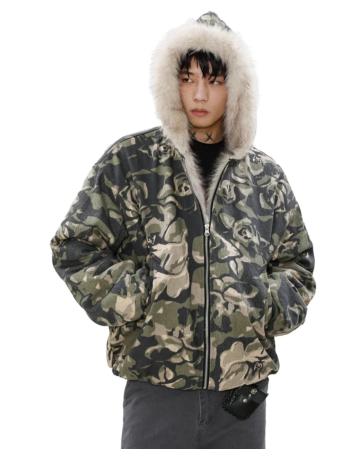 Omygoods Camo Faux Fur Padded Hooded Jacket