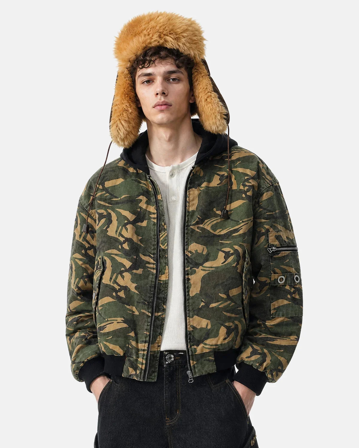 Omygoods Camo Hooded Bomber Jacket