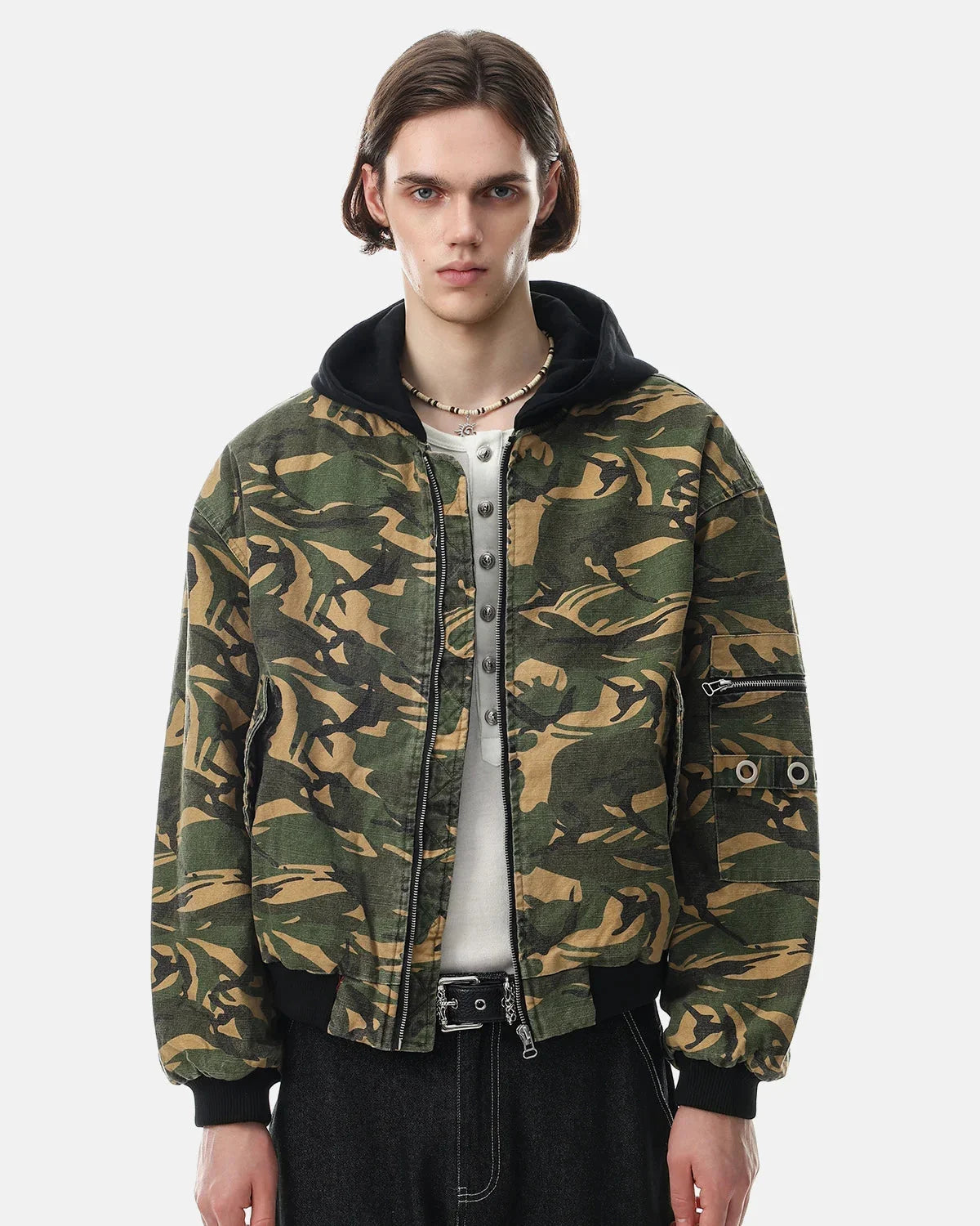 Omygoods Camo Hooded Bomber Jacket