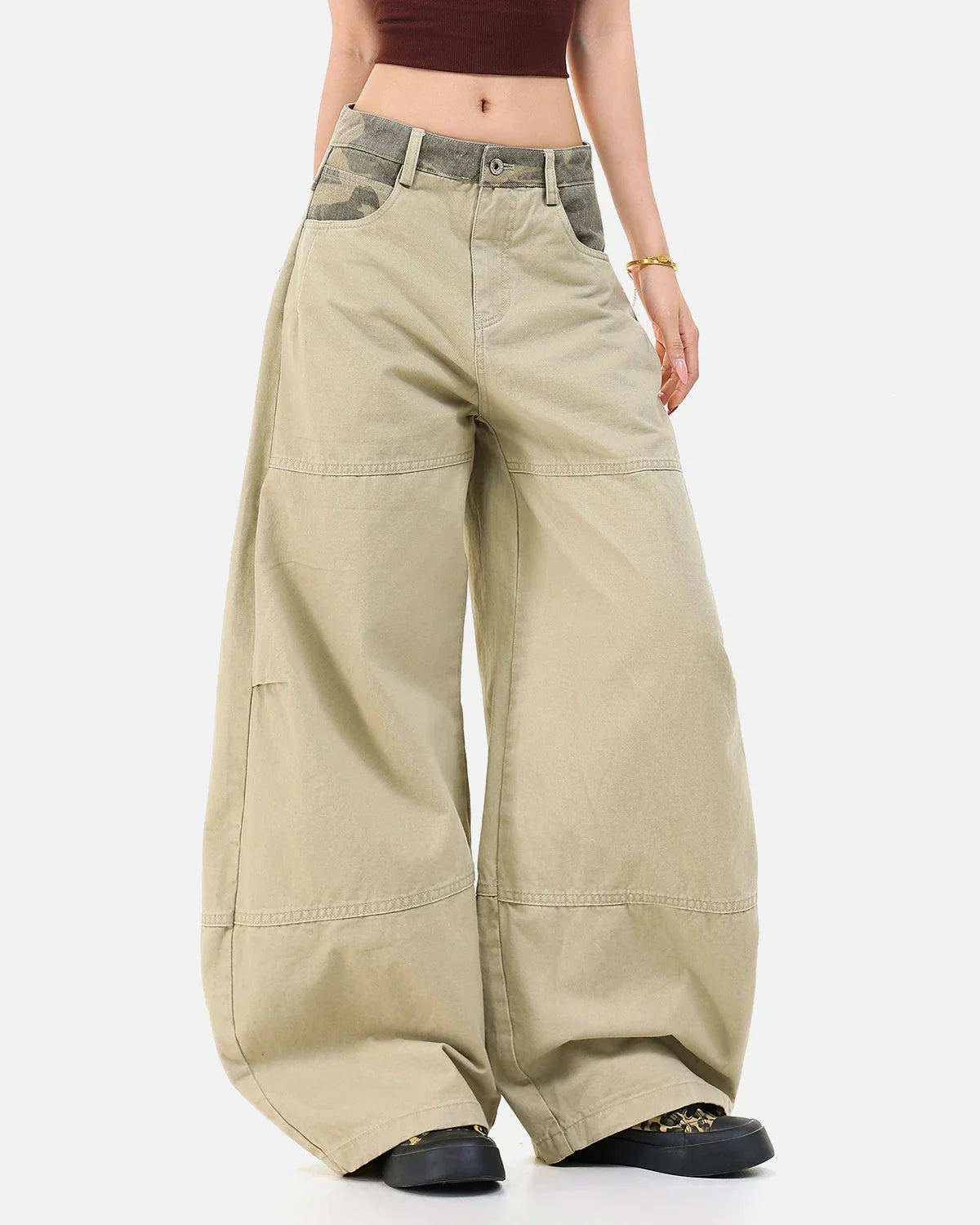 Omygoods Camo Patchwork Barrel Pants