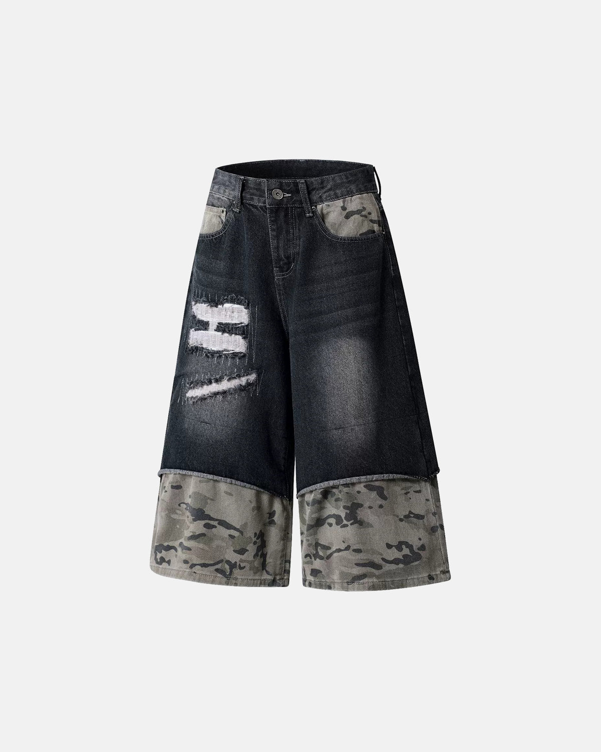 Omygoods Camo Patchwork Washed Denim Jorts