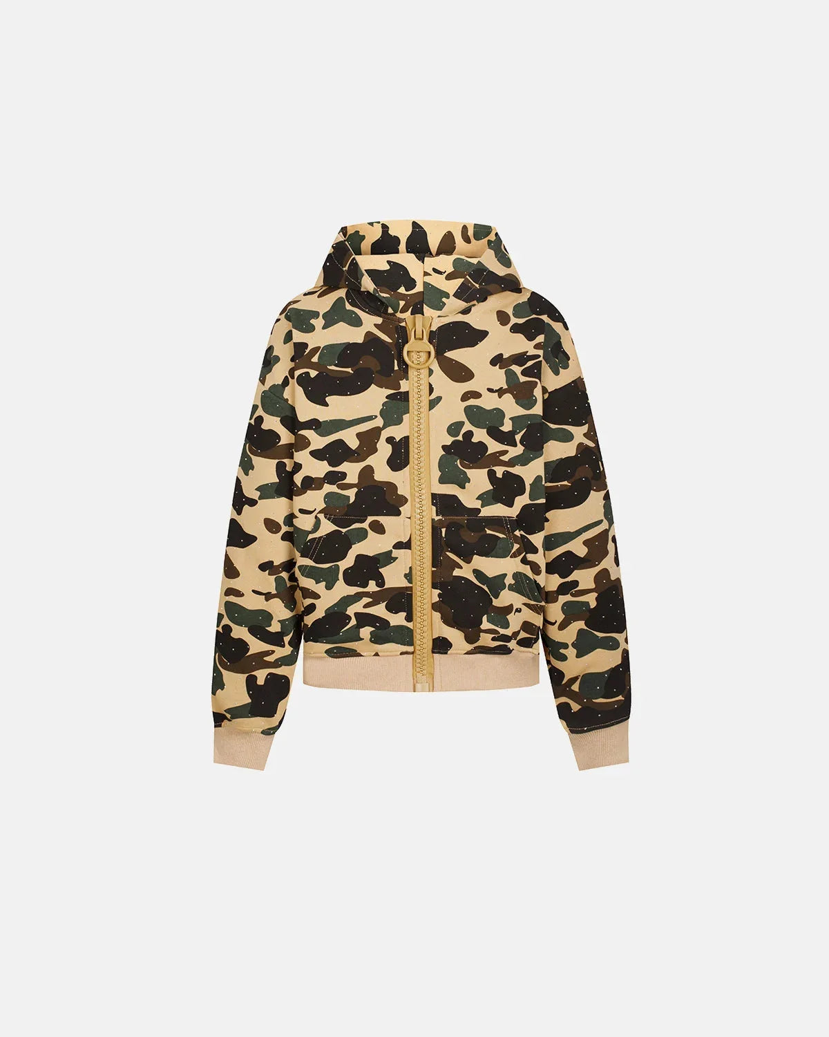 Omygoods Camo Rhinestone Mega Zip Cropped Hoodie
