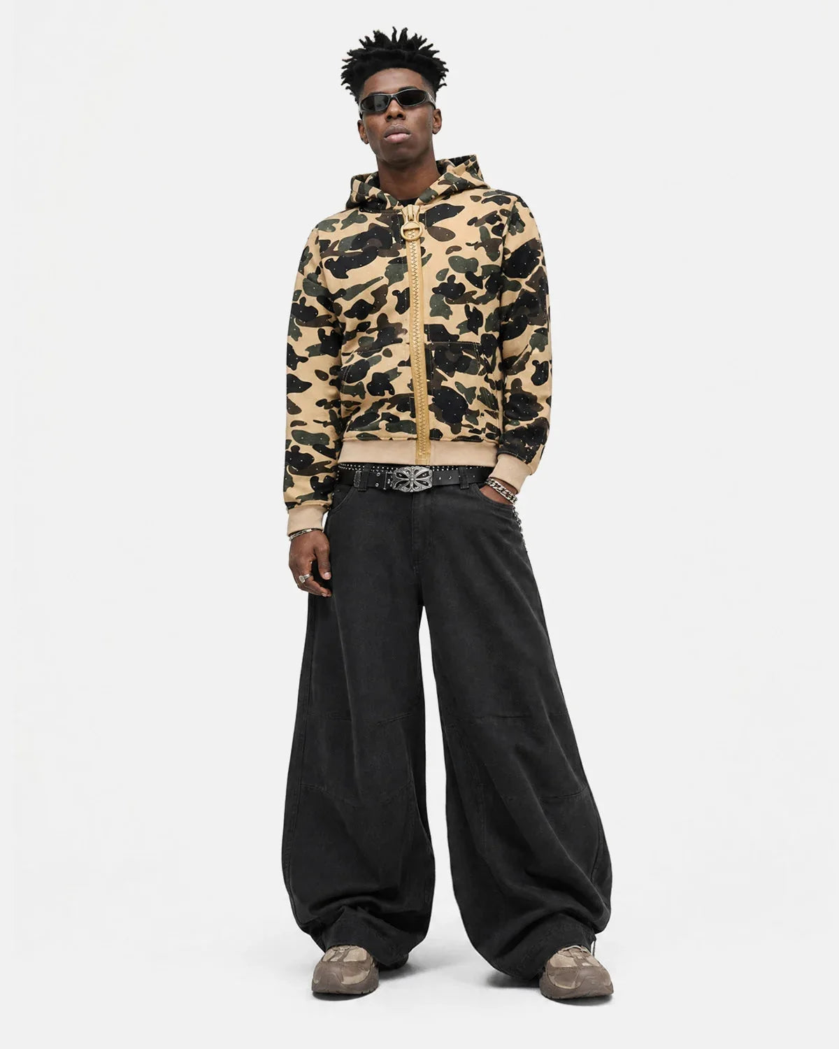 Omygoods Camo Rhinestone Mega Zip Cropped Hoodie
