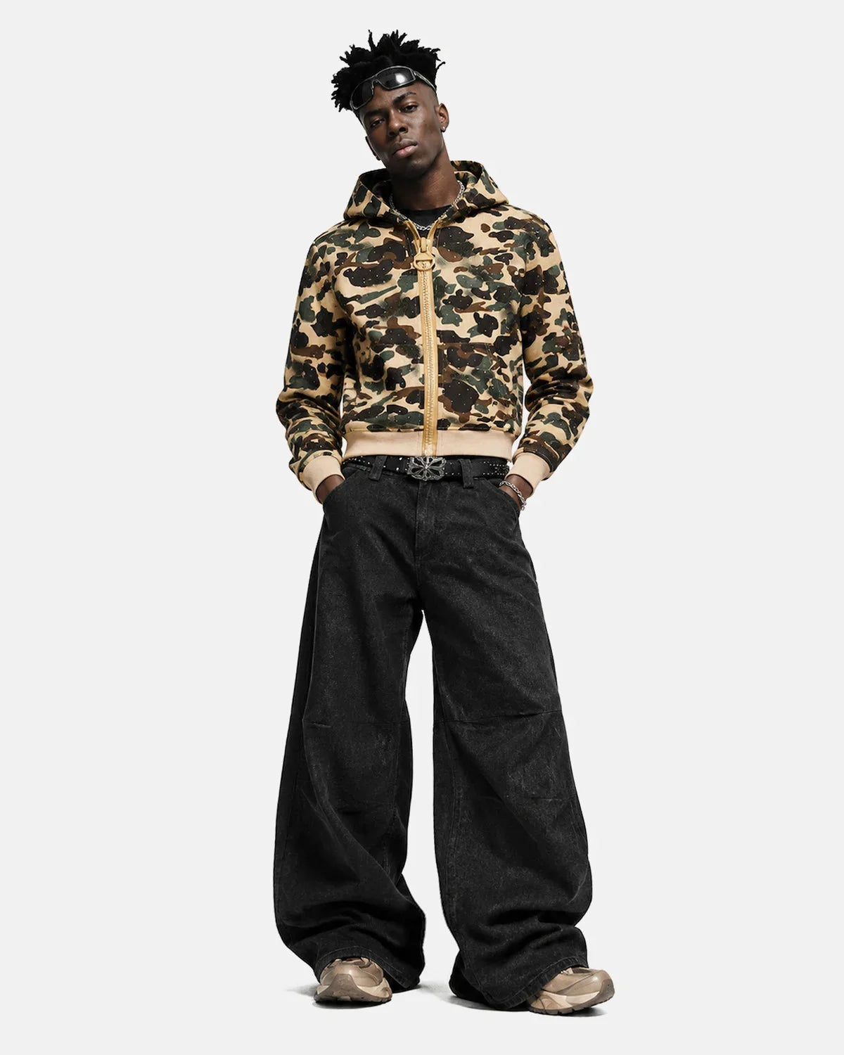 Omygoods Camo Rhinestone Mega Zip Cropped Hoodie