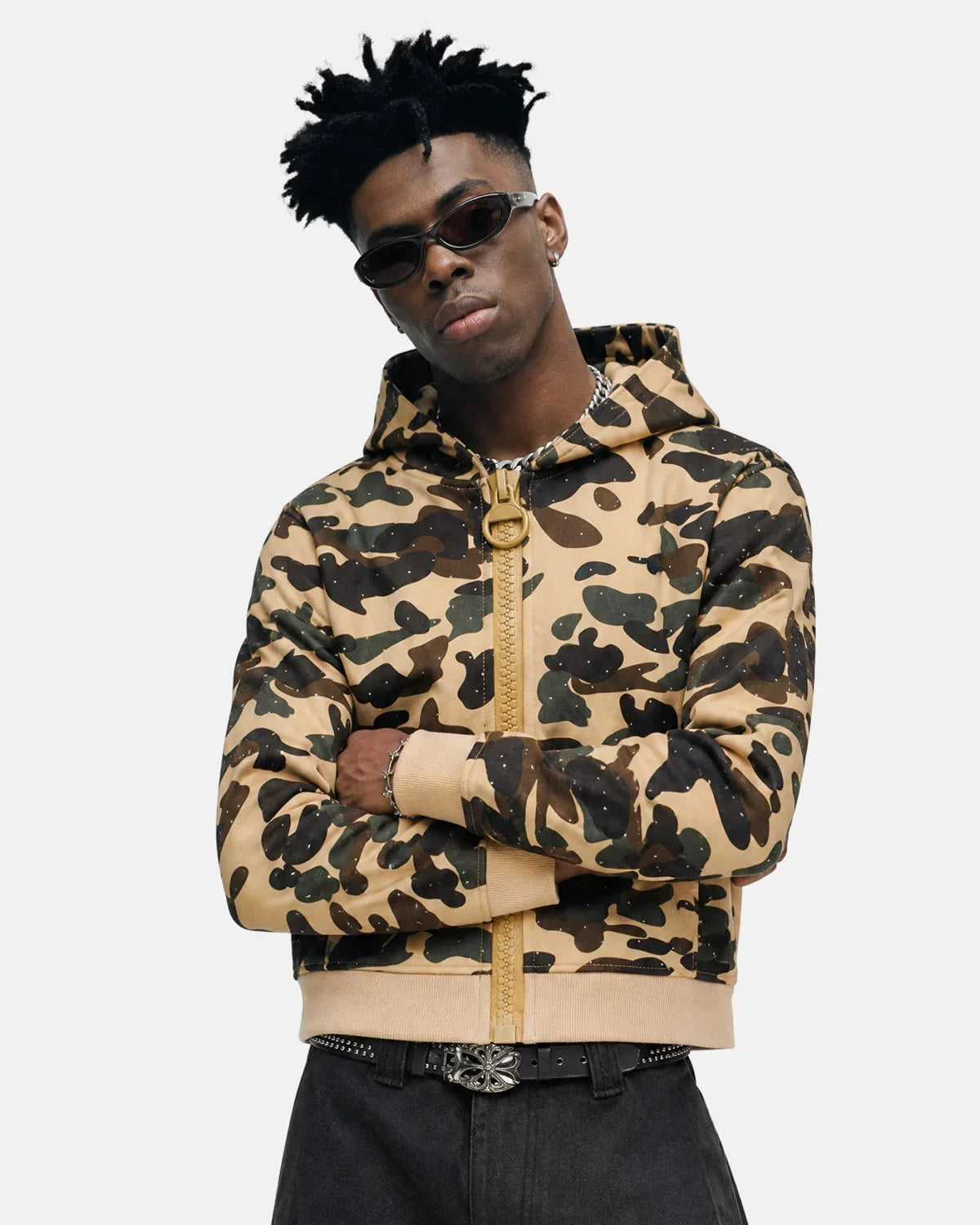 Omygoods Camo Rhinestone Mega Zip Cropped Hoodie