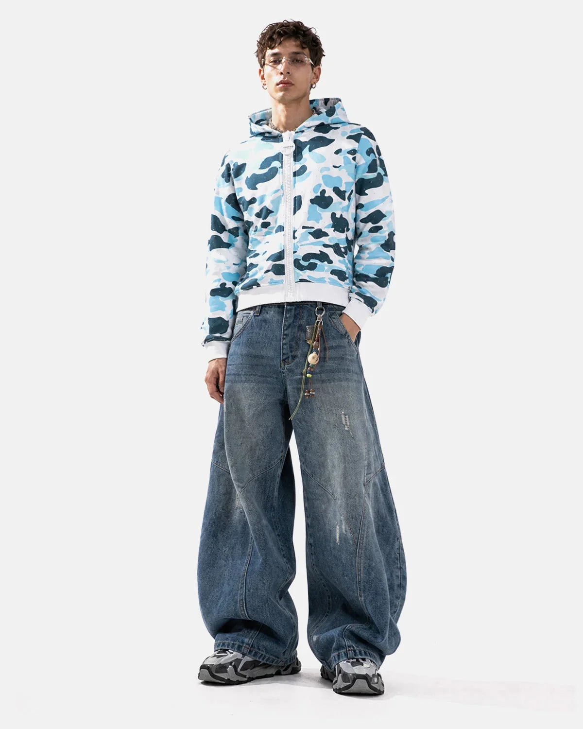 Omygoods Camo Rhinestone Mega Zip Cropped Hoodie
