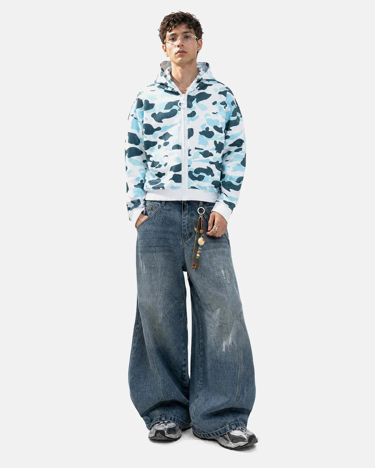 Omygoods Camo Rhinestone Mega Zip Cropped Hoodie