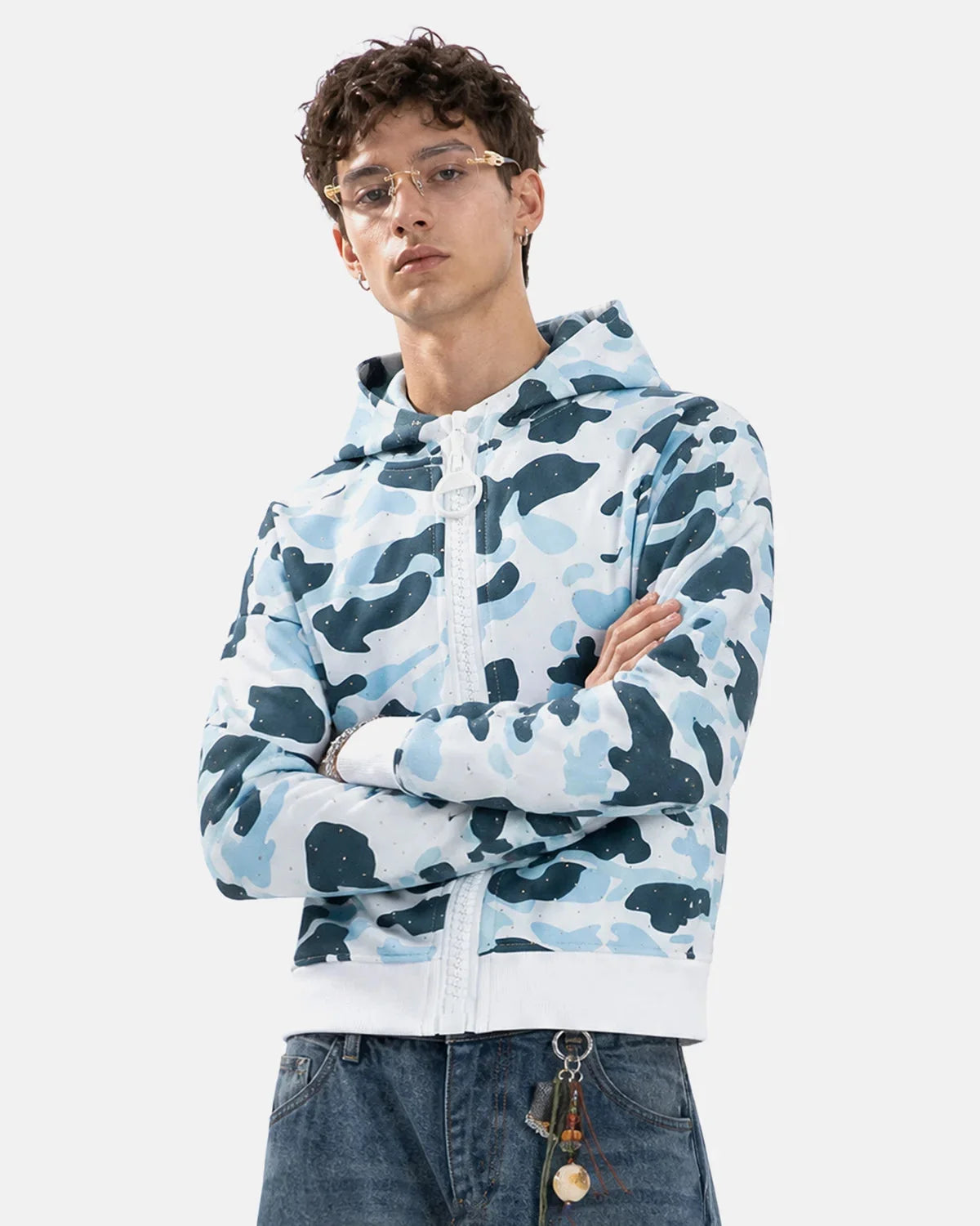 Omygoods Camo Rhinestone Mega Zip Cropped Hoodie