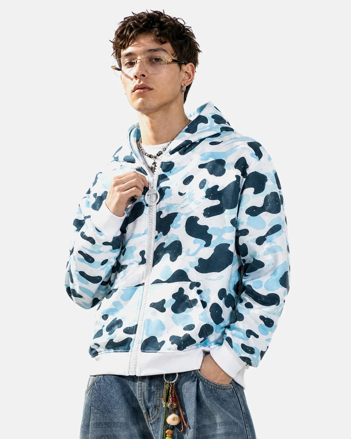 Omygoods Camo Rhinestone Mega Zip Cropped Hoodie