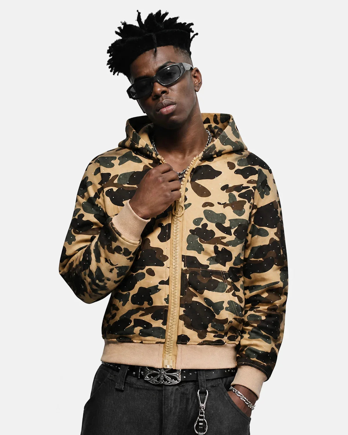 Omygoods Camo Rhinestone Mega Zip Cropped Hoodie
