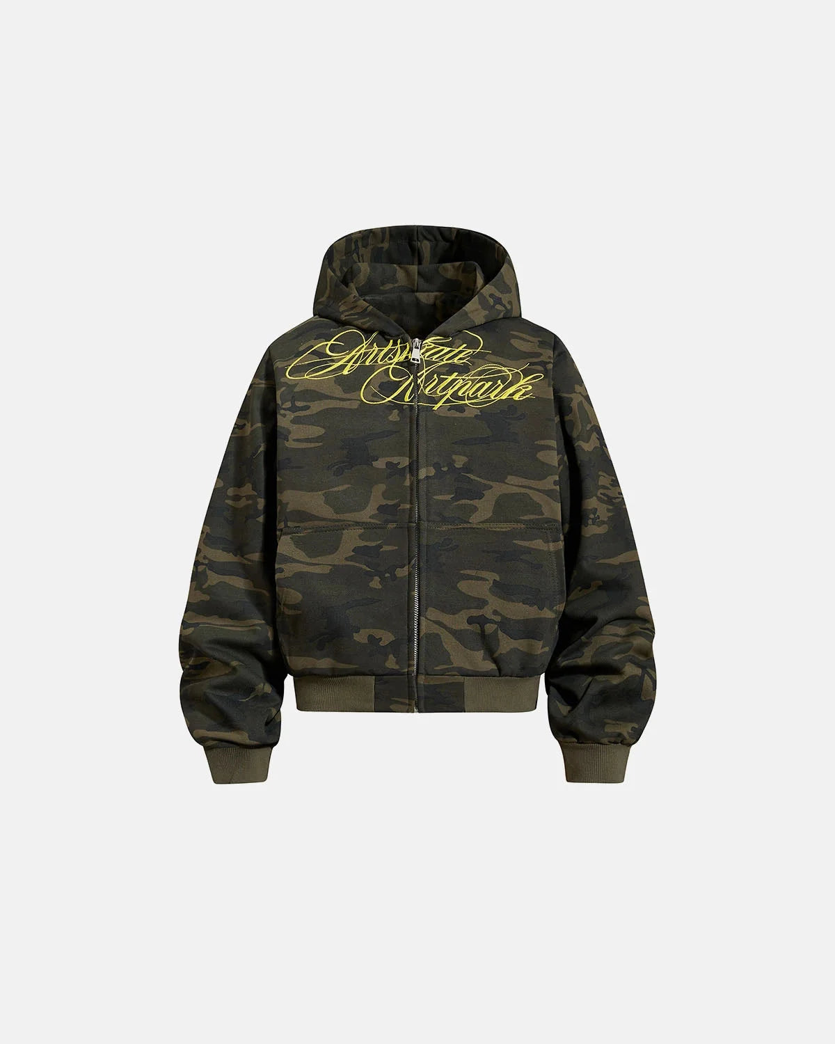 Omygoods Camo Script Graphic Cropped Hoodie