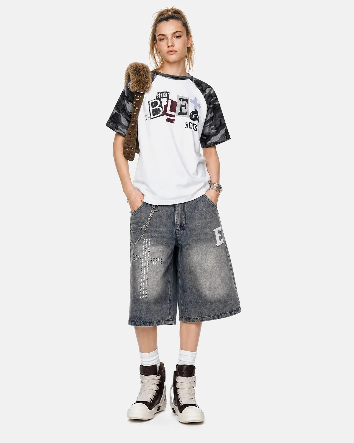 Omygoods Camo Sleeve Graphic Boxy T-Shirt