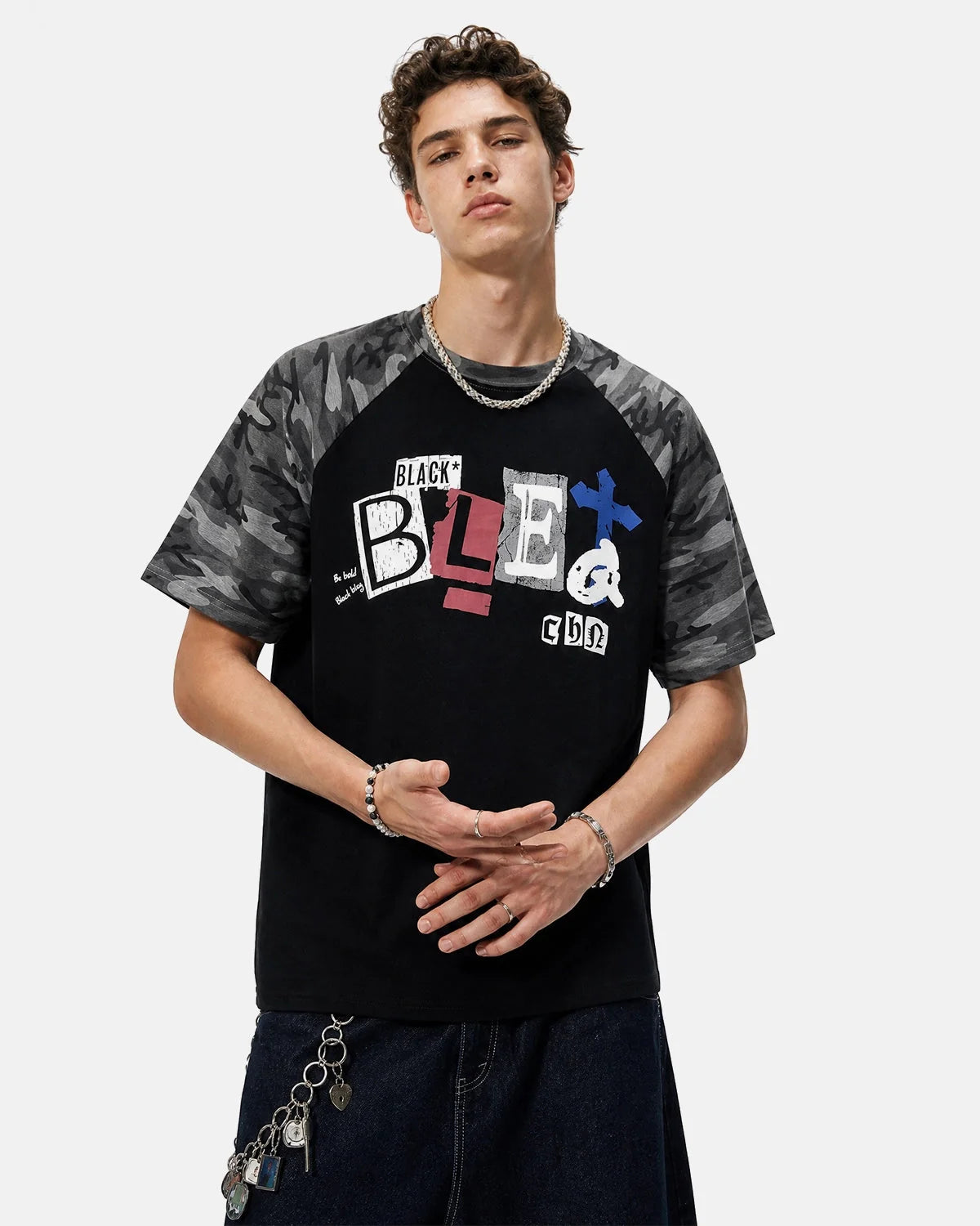 Omygoods Camo Sleeve Graphic Boxy T-Shirt