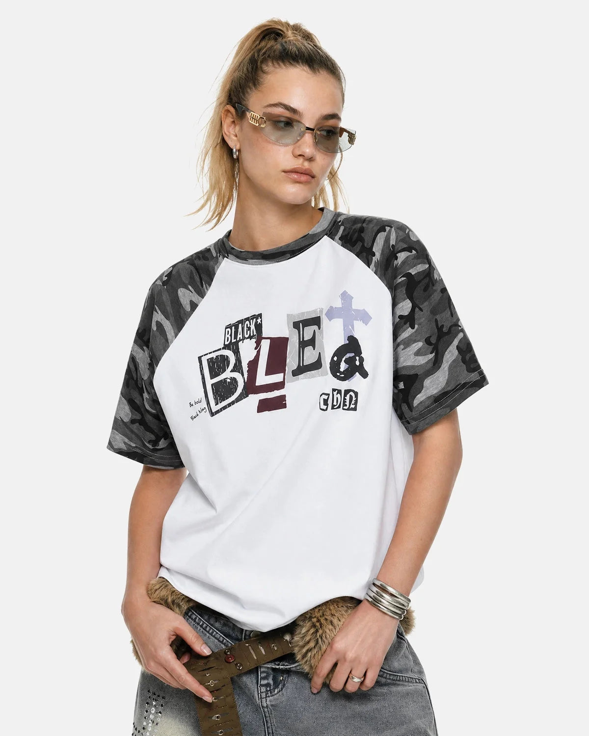 Omygoods Camo Sleeve Graphic Boxy T-Shirt