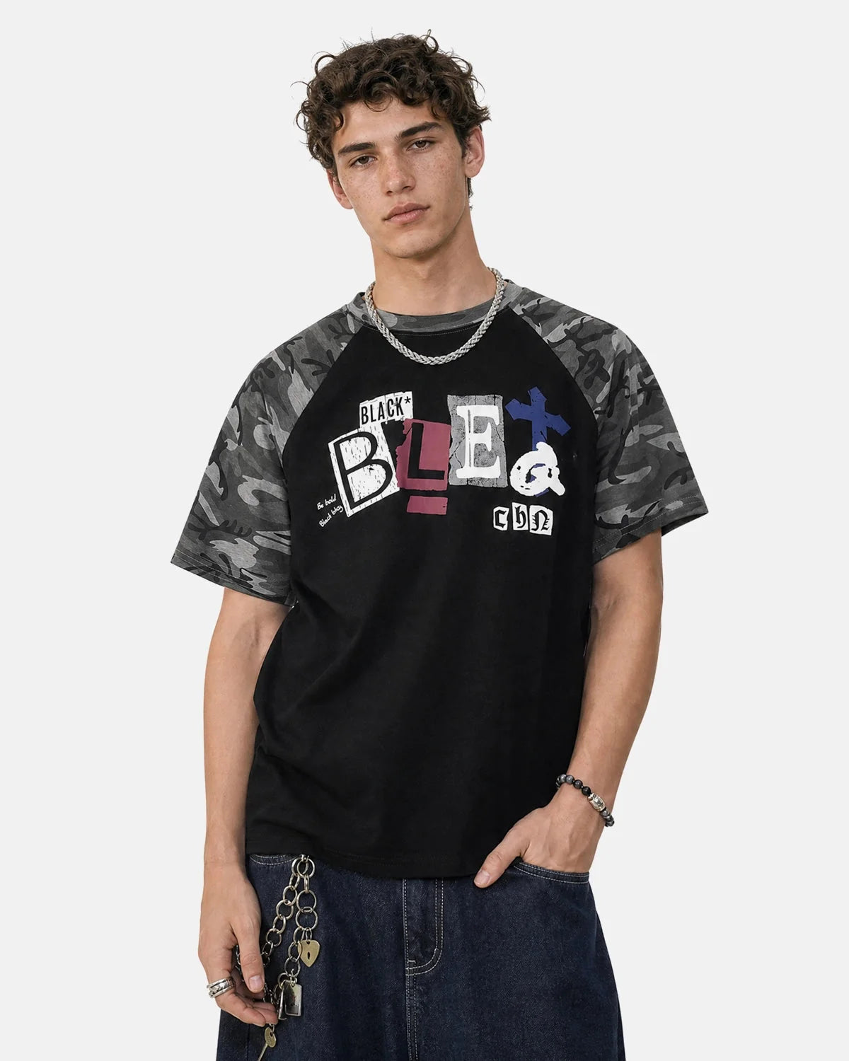 Omygoods Camo Sleeve Graphic Boxy T-Shirt