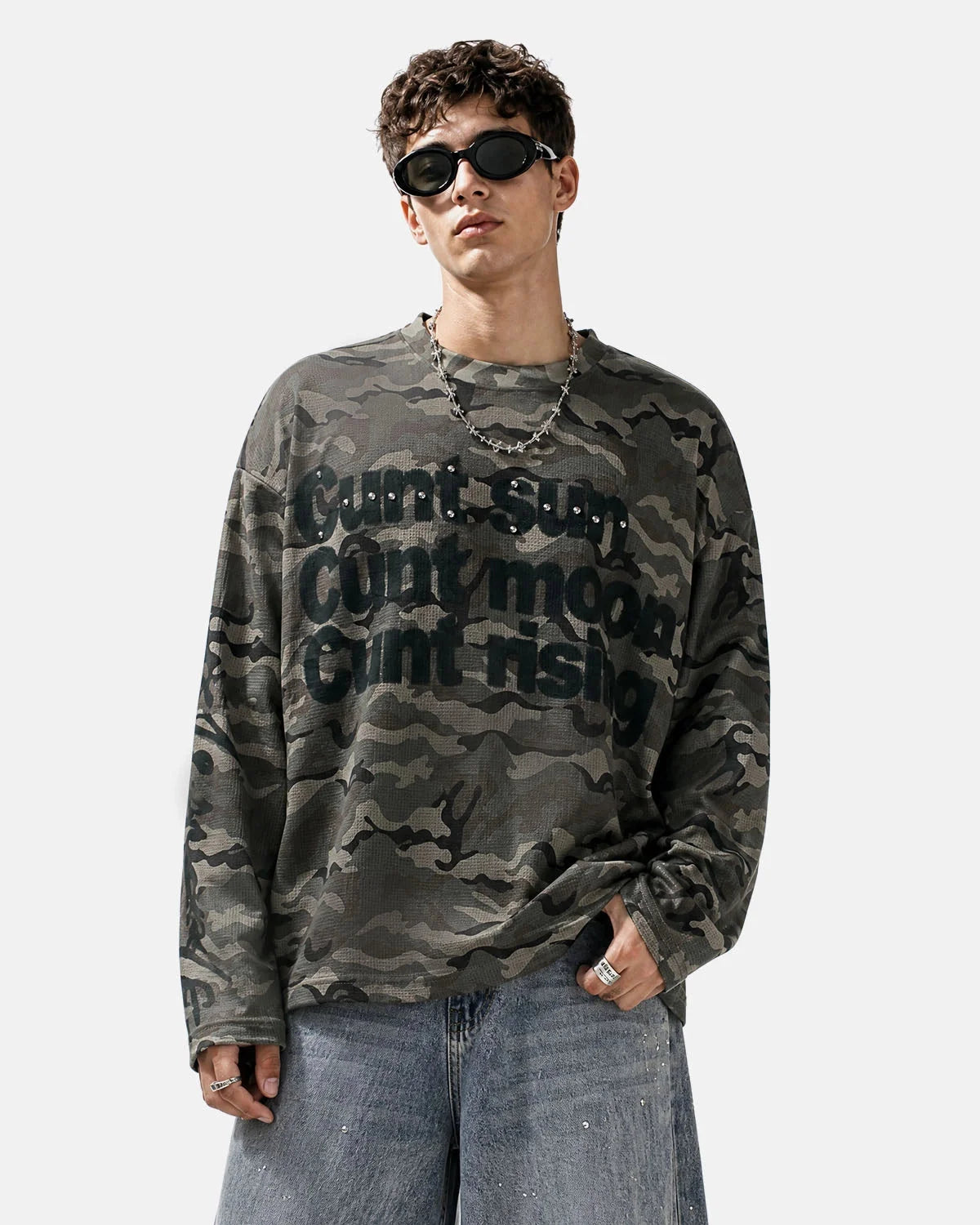 Omygoods Camo Slogan Graphic Waffle T-Shirt