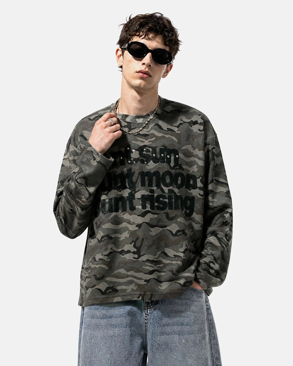Omygoods Camo Slogan Graphic Waffle T-Shirt