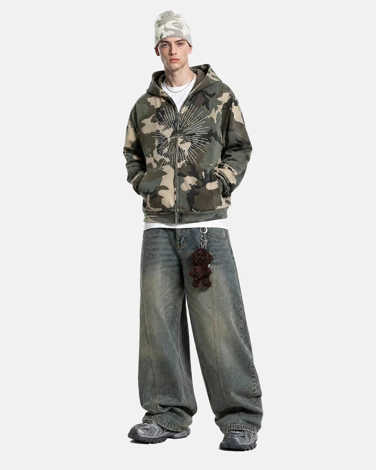 Omygoods Camo Sunburst Graphic Zip Up Hoodie