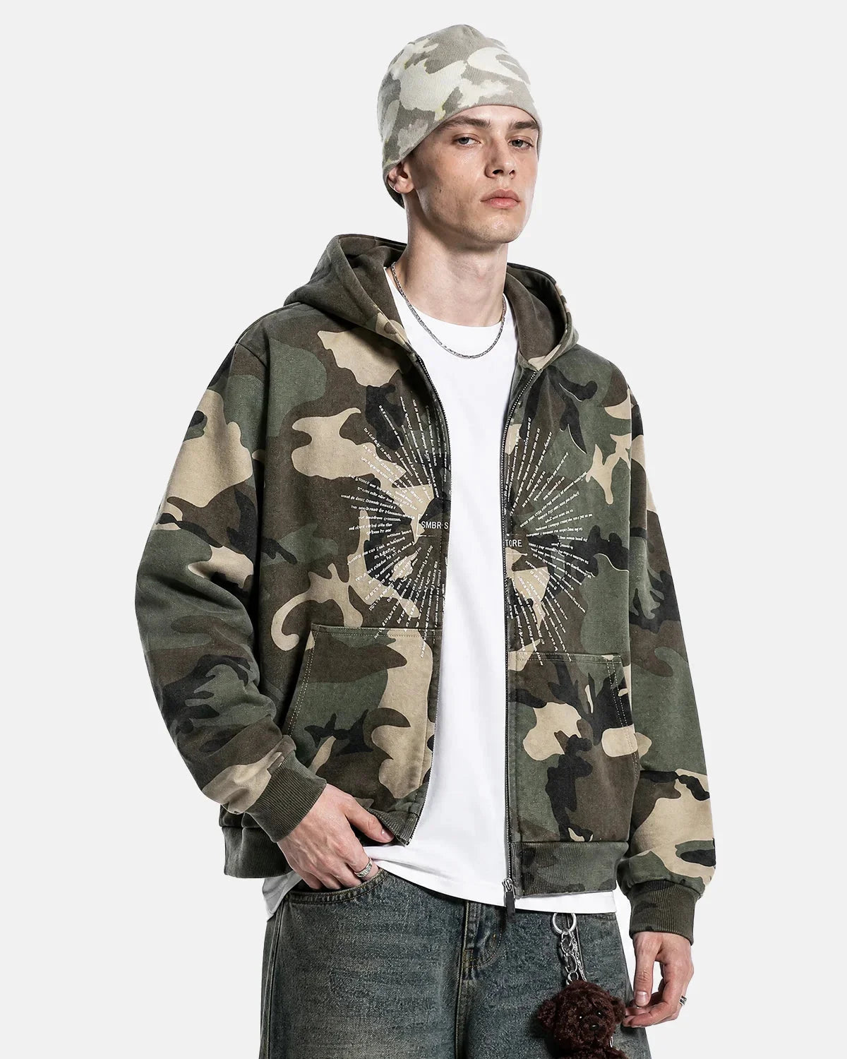 Omygoods Camo Sunburst Graphic Zip Up Hoodie