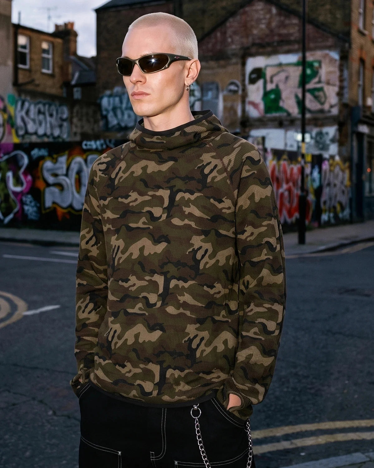 Omygoods Camo Waffle High-Neck Hoodie